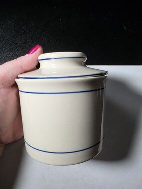 Cream Ceramic Storage Jar with Blue Trim - Classic Kitchen Canister